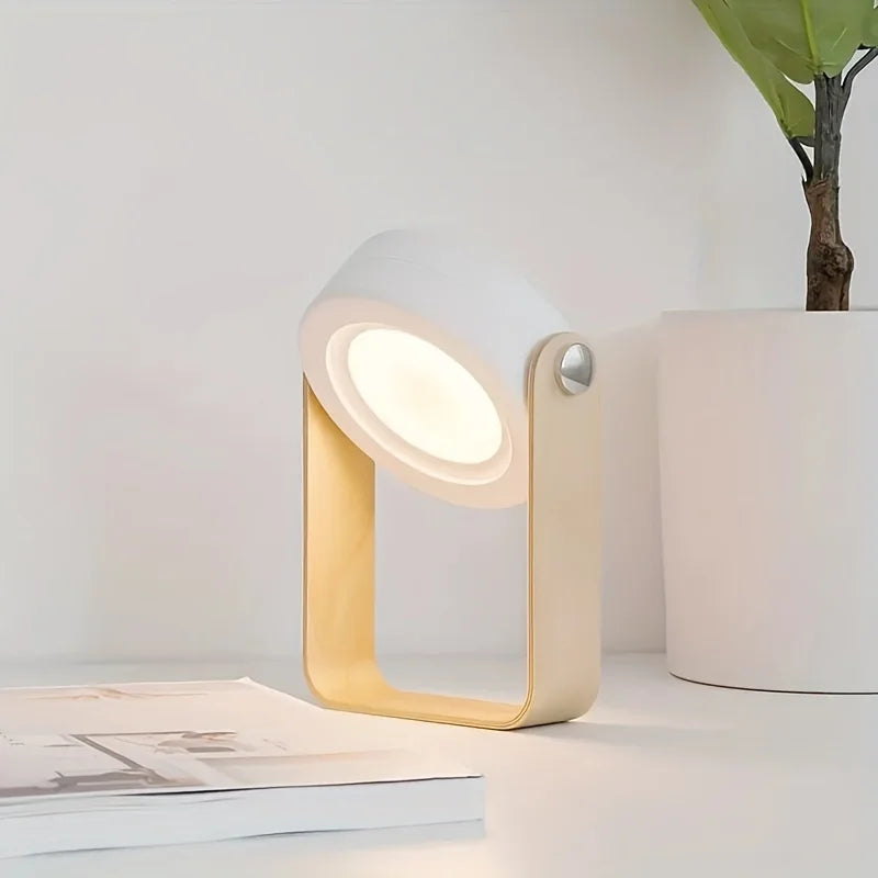 White portable table lamp angled as a spotlight next to a potted plant