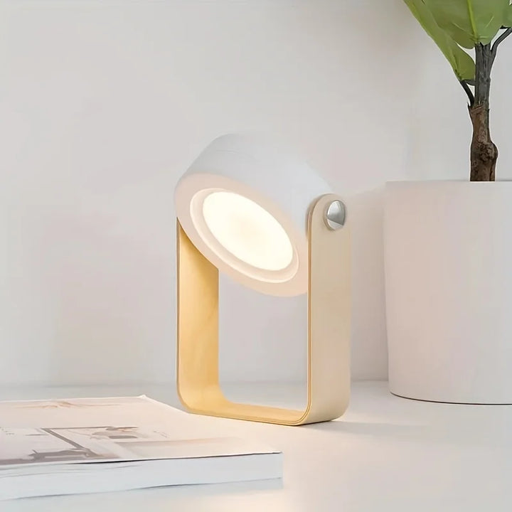 White portable table lamp angled as a spotlight next to a potted plant