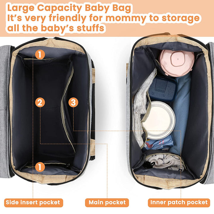 Multi-function baby diaper backpack worn on shoulder showing ergonomic design