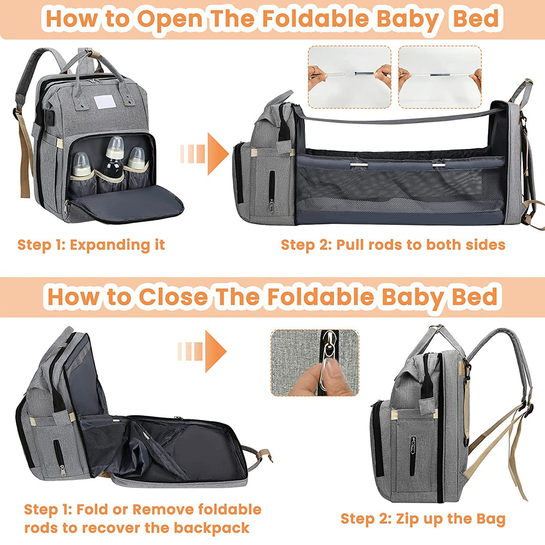Spacious interior compartments of travel baby bag and changing bag setup
