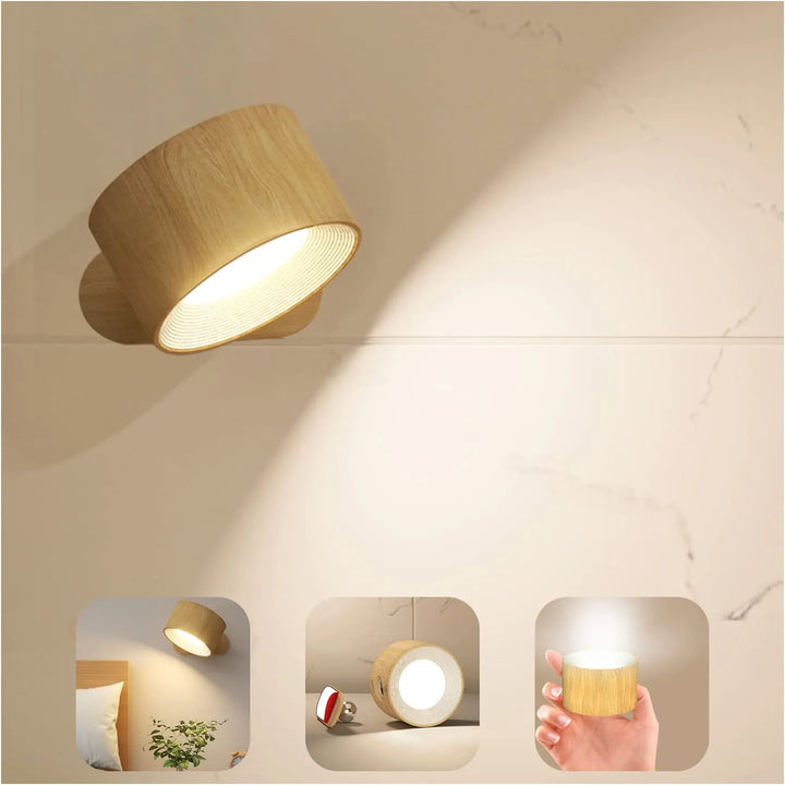 Cordless 360 rotating LED wall lamp mounted in a modern living room interior