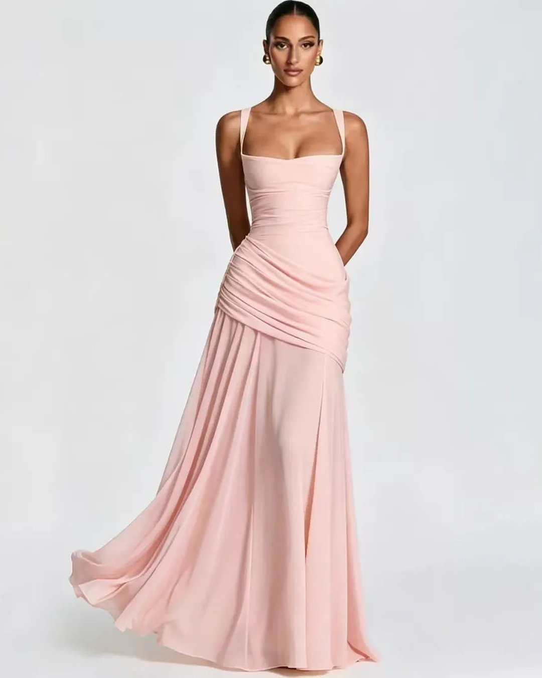 Full length shot of formal evening dress with ruched design