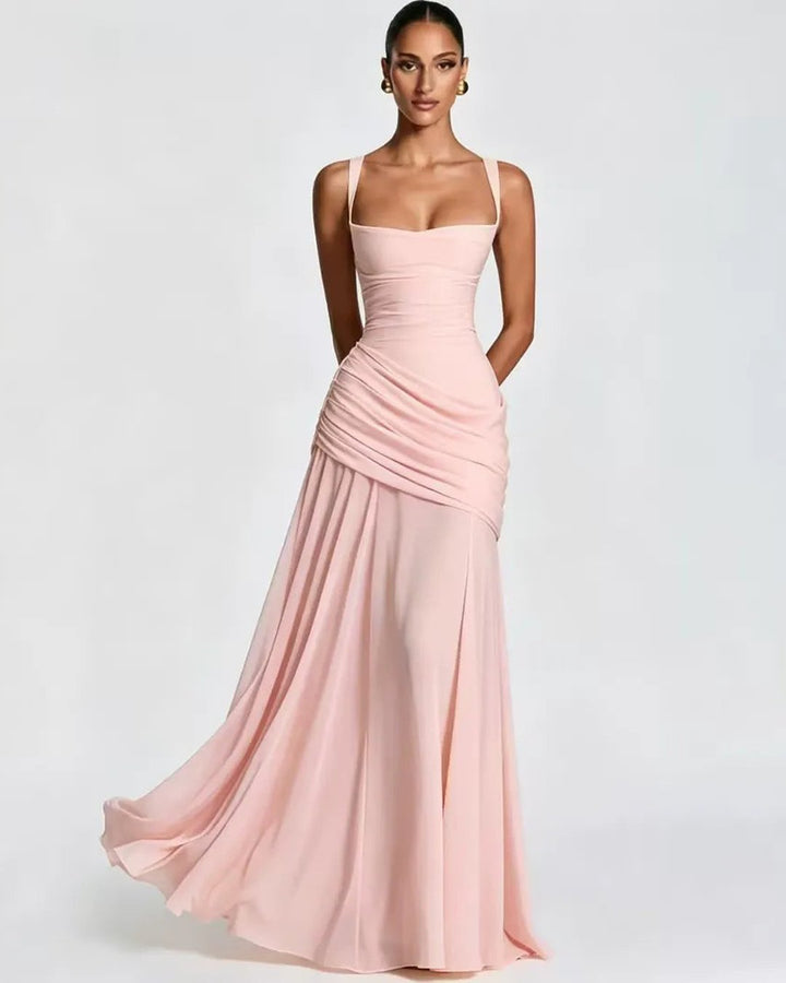 Full length shot of formal evening dress with ruched design