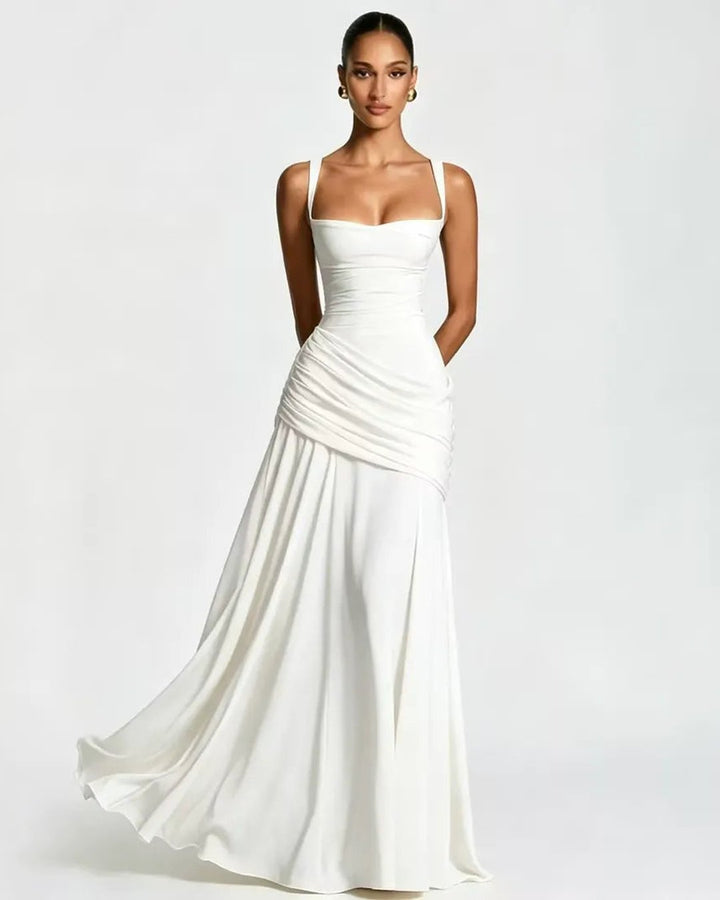Elegant silhouette of women's party maxi dress from side angle