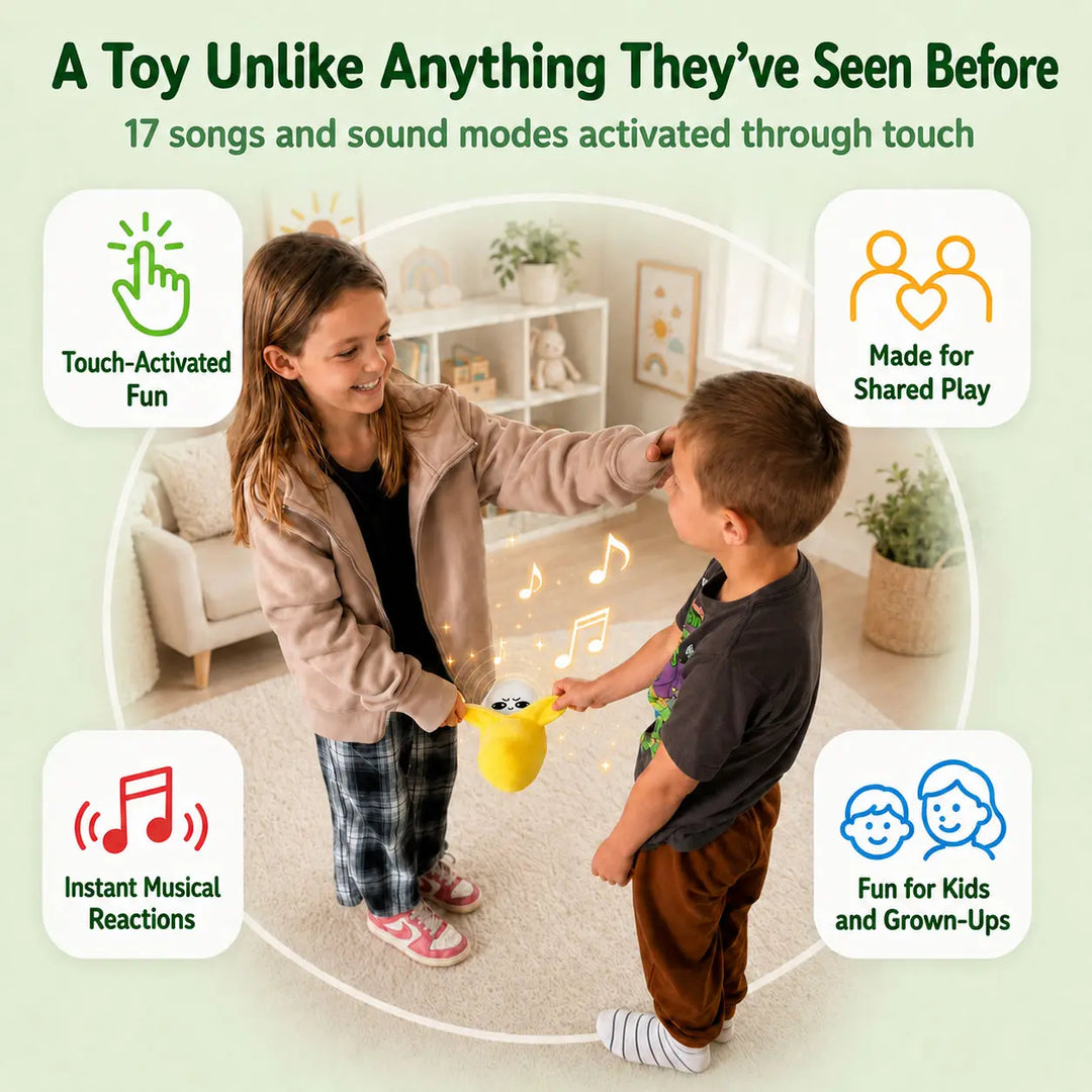 Interactive musical sensory toy for kids with soft plush fabric and touch activated sound features