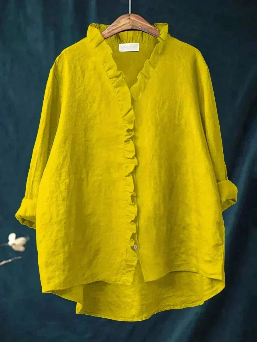 Women's elegant ruffle V-neck summer blouse front view