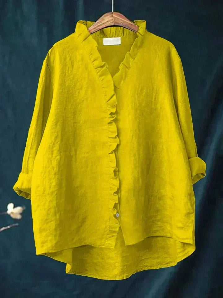 Women's elegant ruffle V-neck summer blouse front view