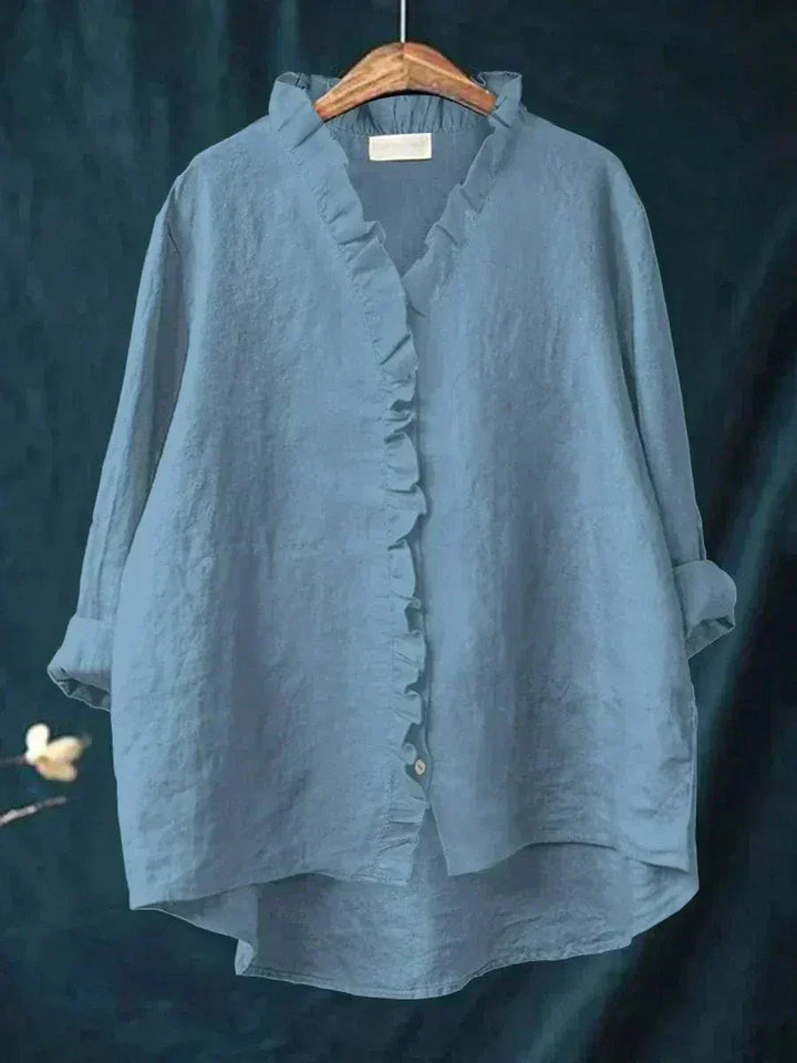 V-neck ruffle shirt for women showing neckline detail