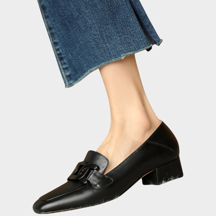 Angled shot of non-slip heeled loafers designed for women's comfort
