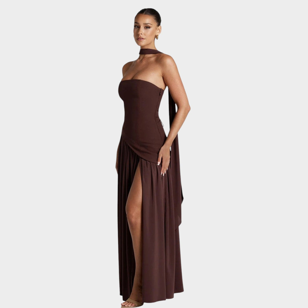 Detailed view of the fabric and seams on a formal strapless party maxi dress