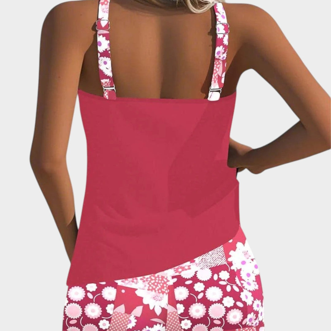Back view of womens sleeveless tankini swimwear set for vacation