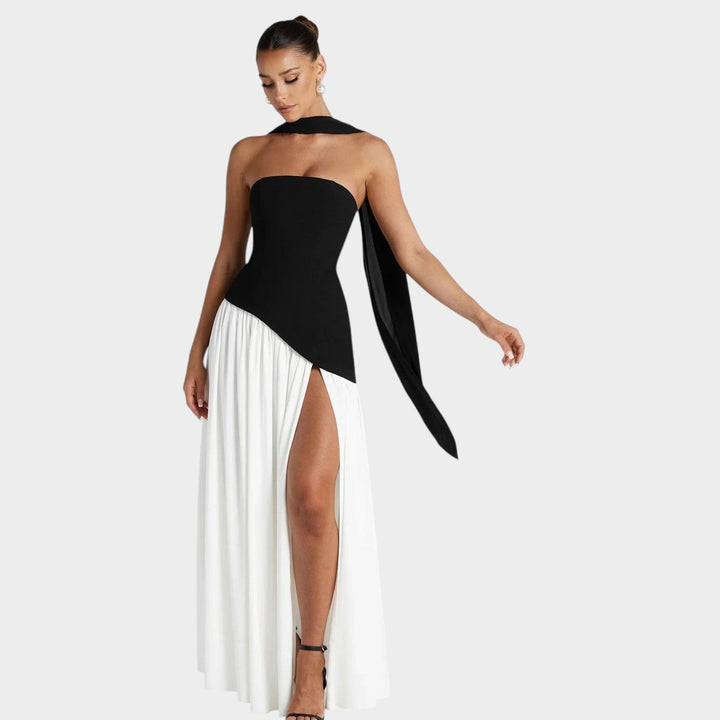 Womens summer maxi dress featuring a strapless neckline and flowy skirt silhouette