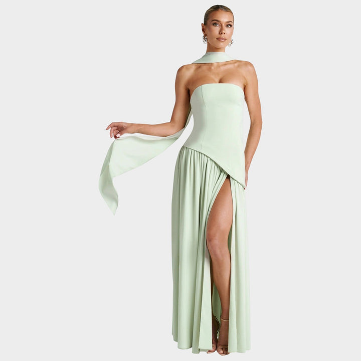 Full length shot of a stylish strapless corset maxi dress for special occasions