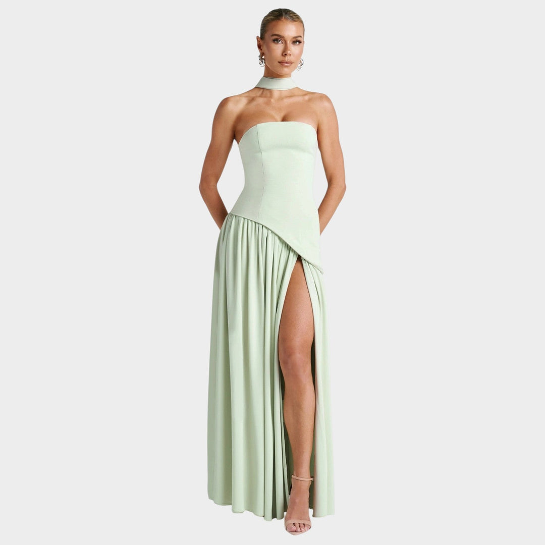 Close-up of the structured corset bodice on an elegant womens evening maxi dress