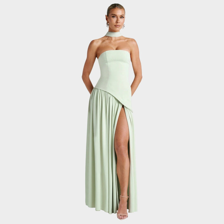 Close-up of the structured corset bodice on an elegant womens evening maxi dress
