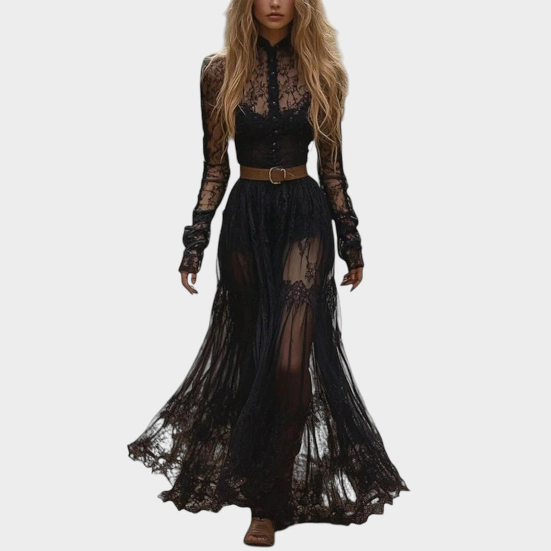 Women's high neck lace maxi dress front view showing sheer sleeves and flowing skirt