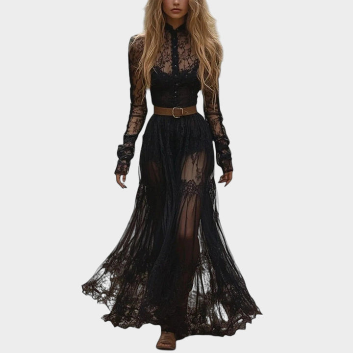 Women's high neck lace maxi dress front view showing sheer sleeves and flowing skirt