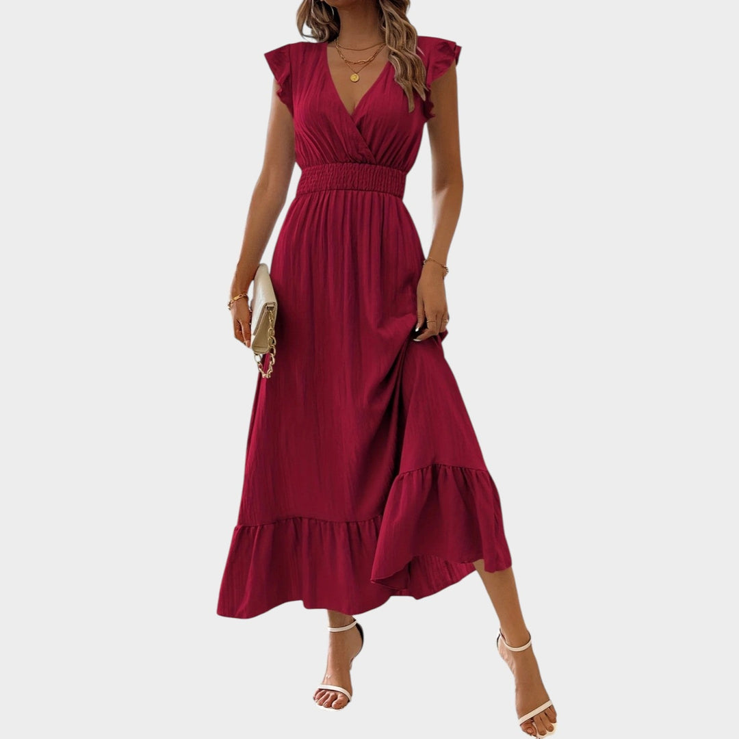 Women's V-neck maxi dress with ruffle sleeves, front view