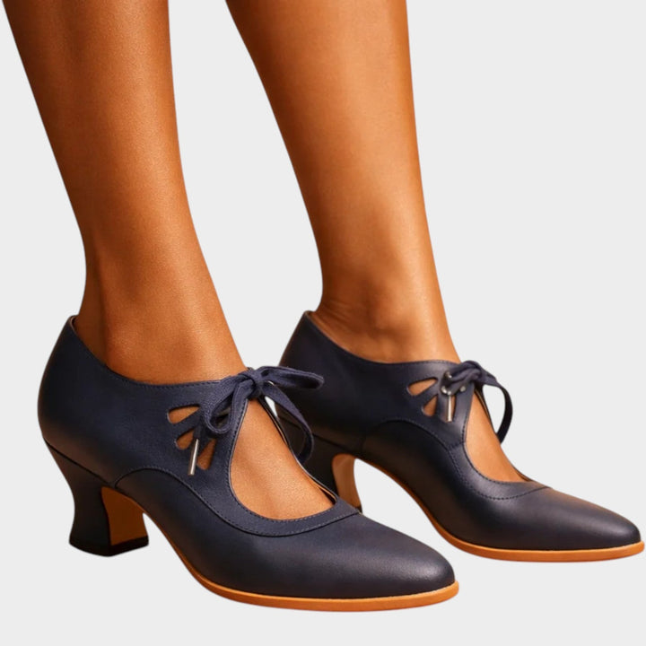 Back view of comfortable women's heels showing sturdy block mid-heel design