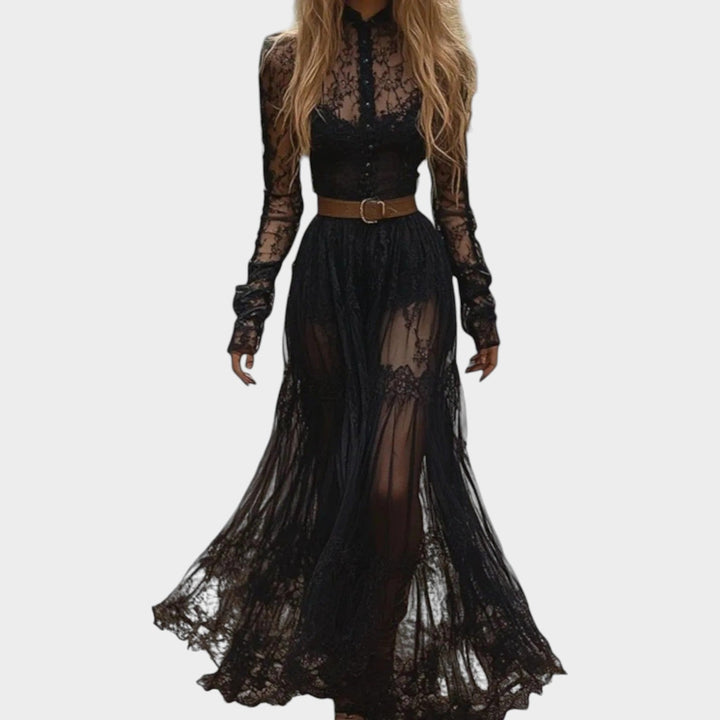 Close-up view of the intricate lace detailing and high neckline on the maxi dress