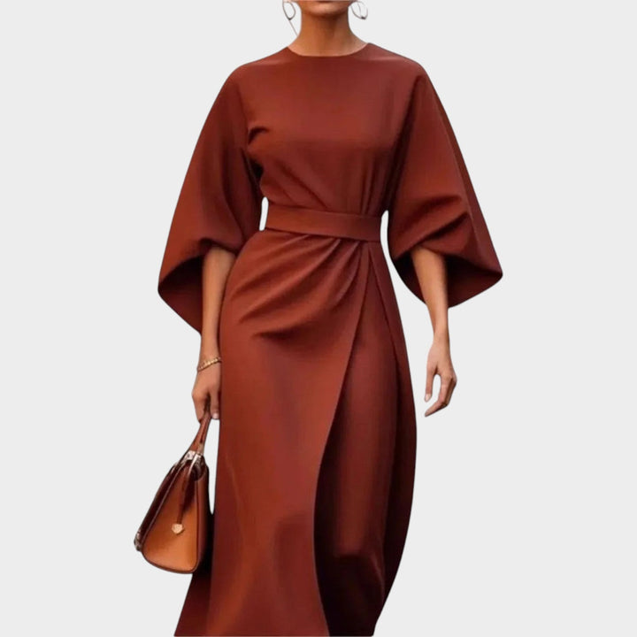 Side view of women's elegant kimono sleeve maxi dress for formal events