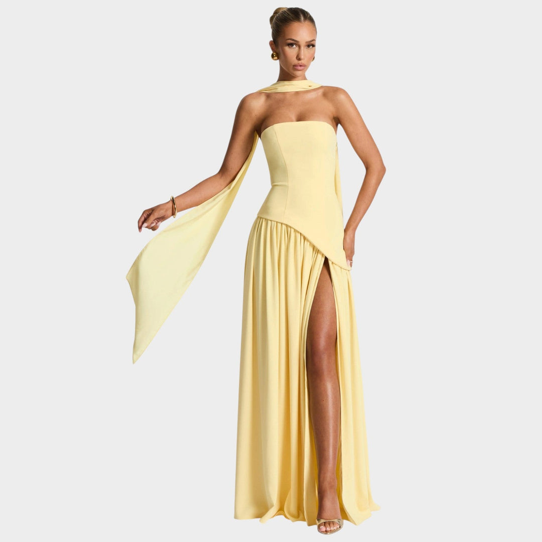 Full length view of yellow strapless maxi dress with matching scarf detail