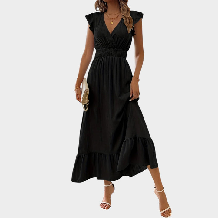Casual summer maxi dress featuring tiered design and short ruffle sleeves