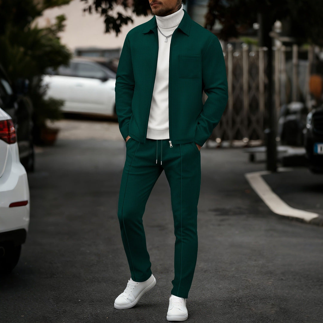 Side profile of mens slim fit zip jacket and matching activewear pants