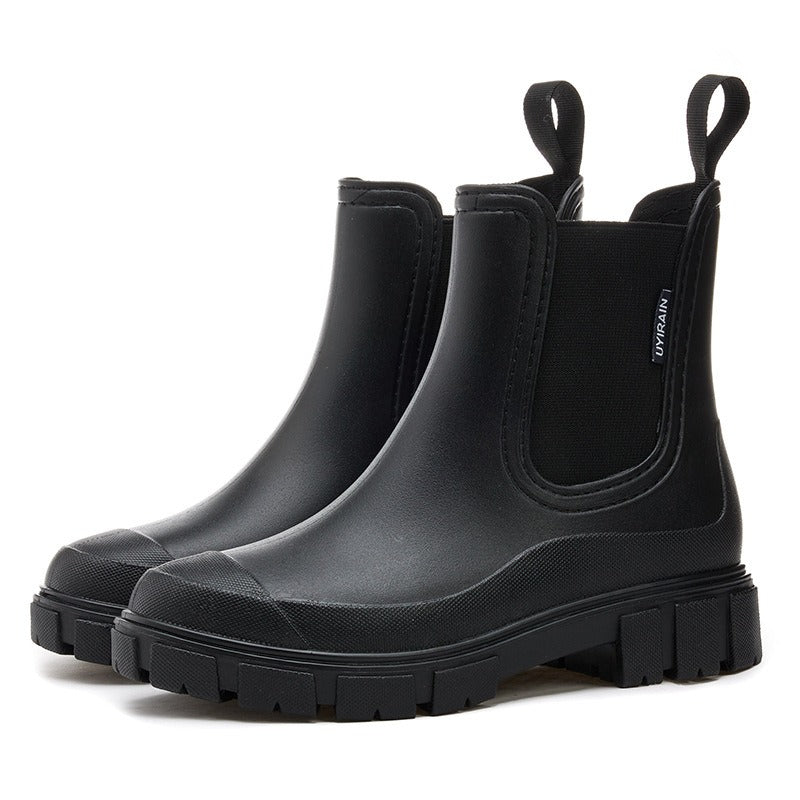 Stylish ankle rain boots for women showing elastic side gore detail