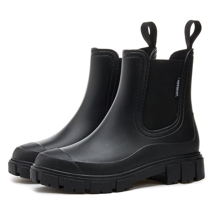 Stylish ankle rain boots for women showing elastic side gore detail