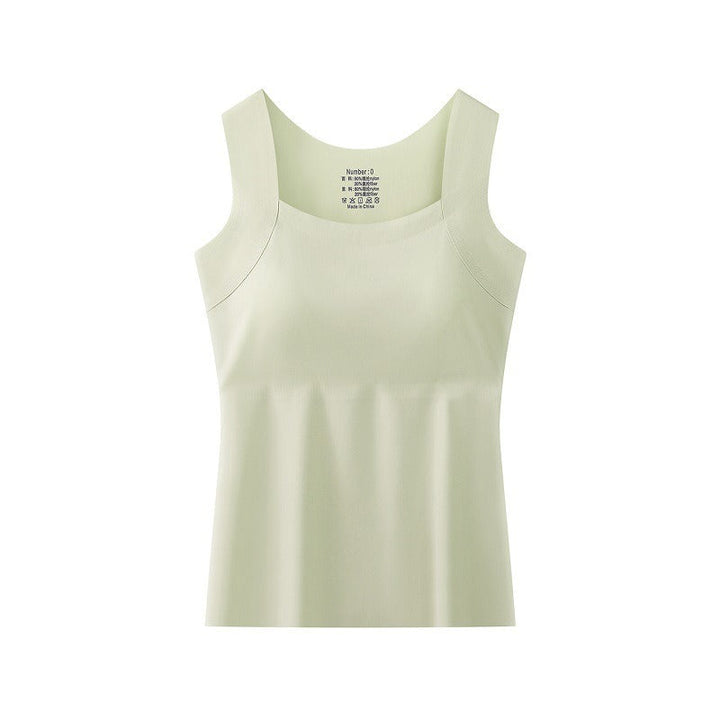Close-up view of the wireless built-in bra lining inside the women's basic layering tank top