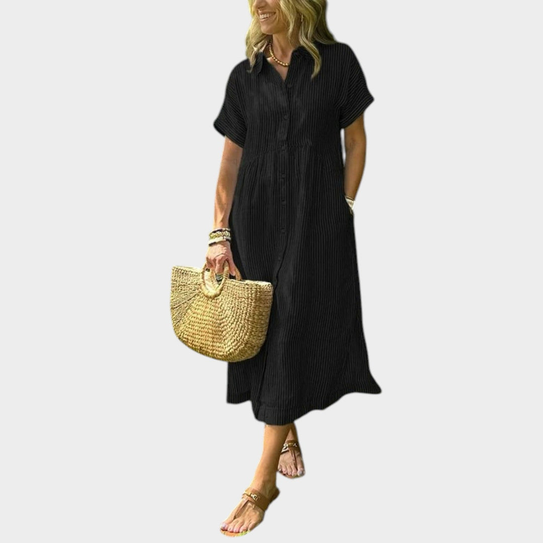 Women's striped maxi shirt dress with lapel collar button down front