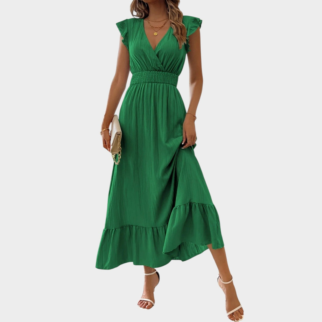 V-neck ruffle sleeve maxi dress, elegant holiday outfit back view