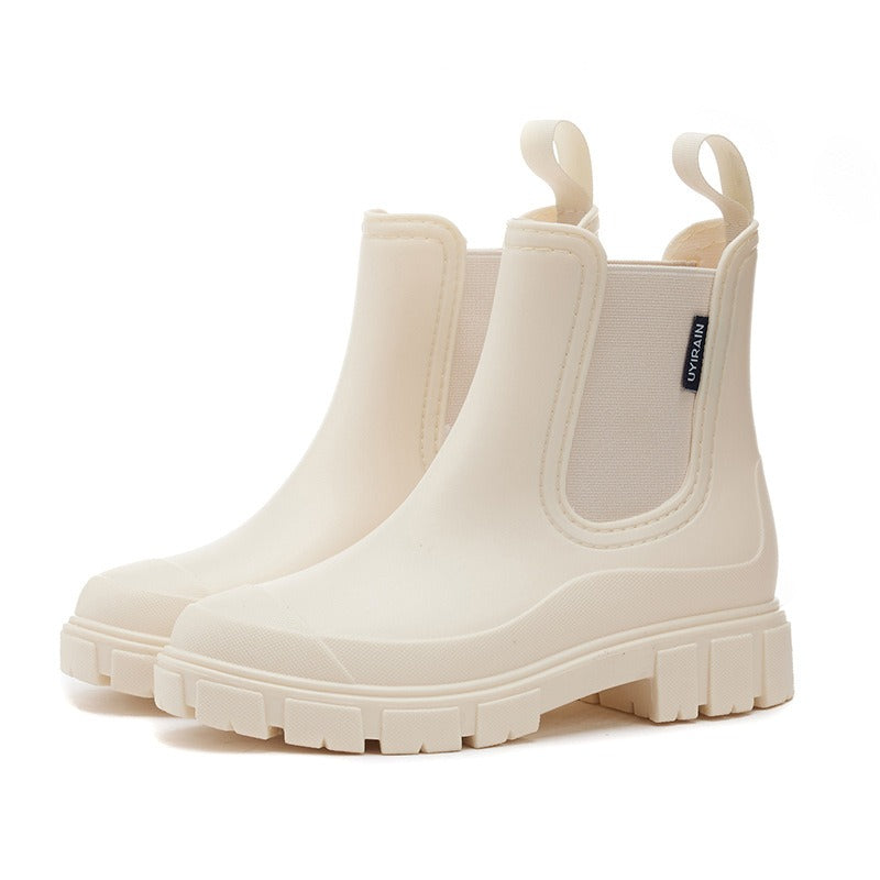 Beige waterproof rain boots with thick non-slip sole and elastic side panels