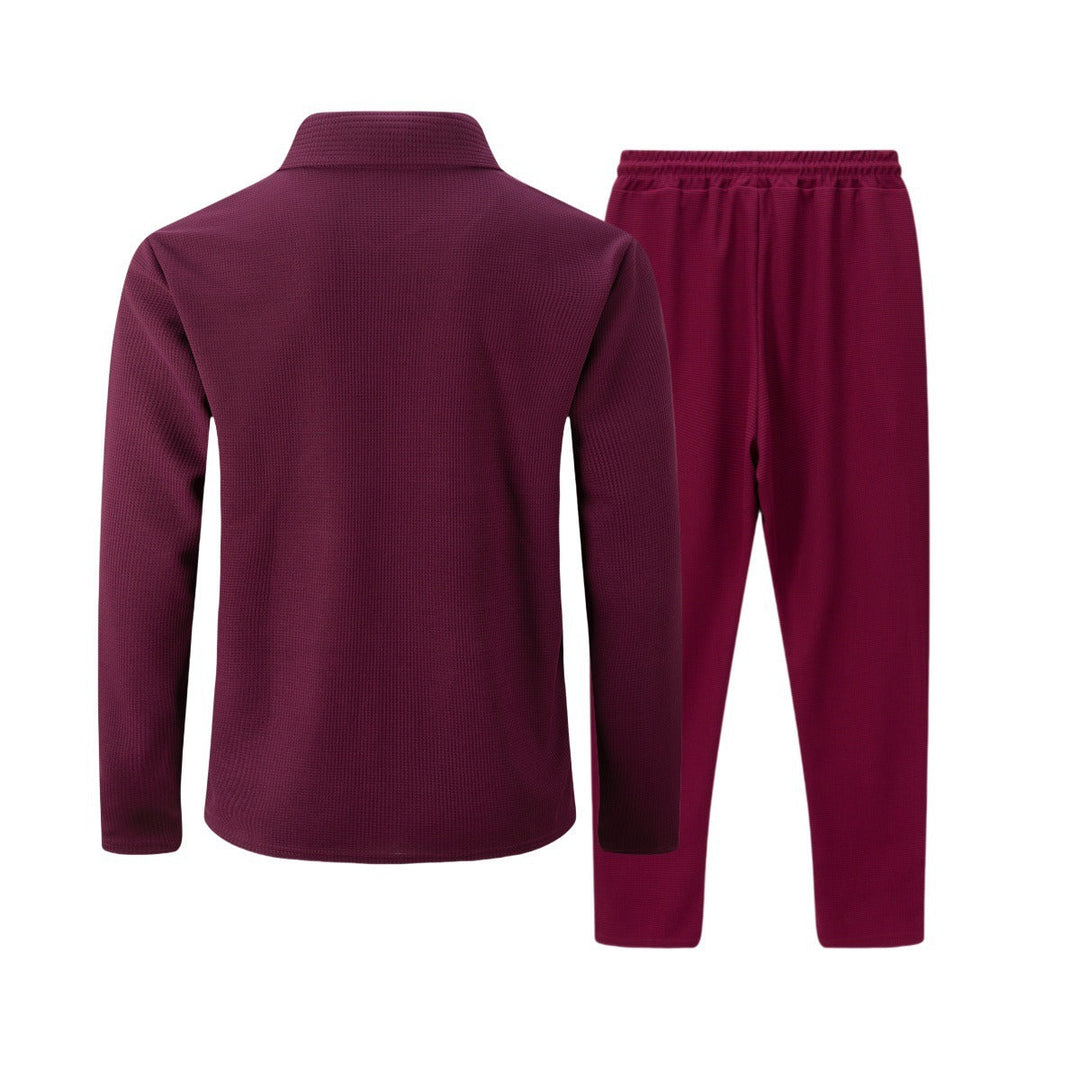 Full outfit display of mens stylish casual wear zip set and trousers