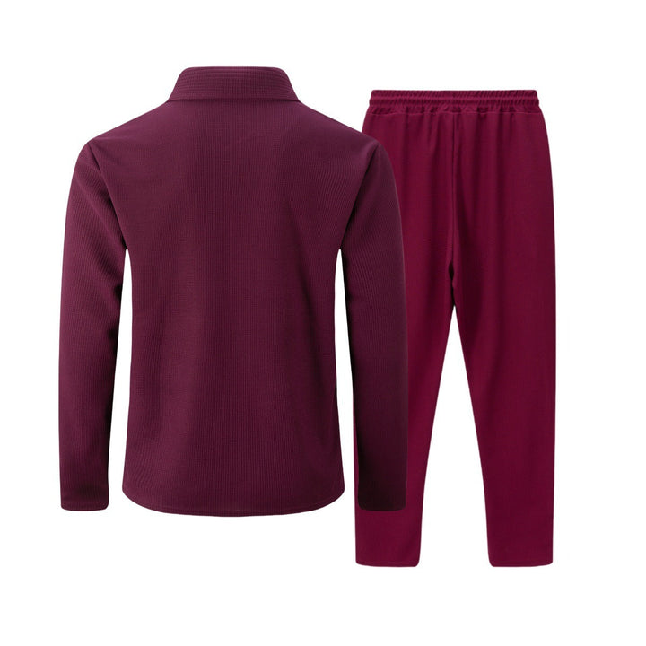 Full outfit display of mens stylish casual wear zip set and trousers