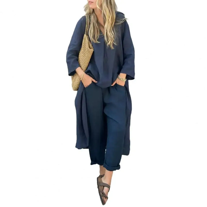 Elegant womens two-piece set showcasing a sleeveless long vest and trousers