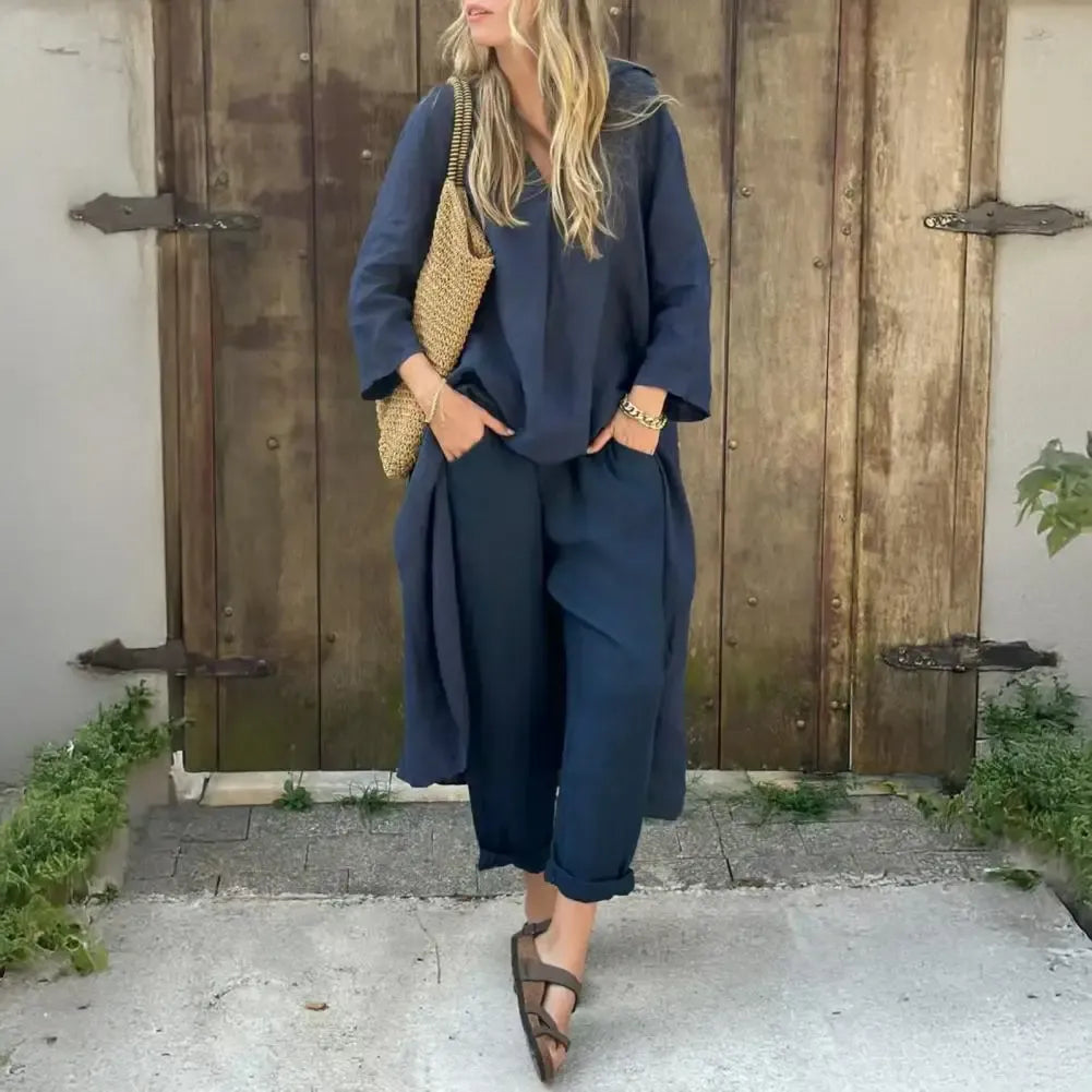 Chic long vest and wide-leg pants set for women in a stylish relaxed fit