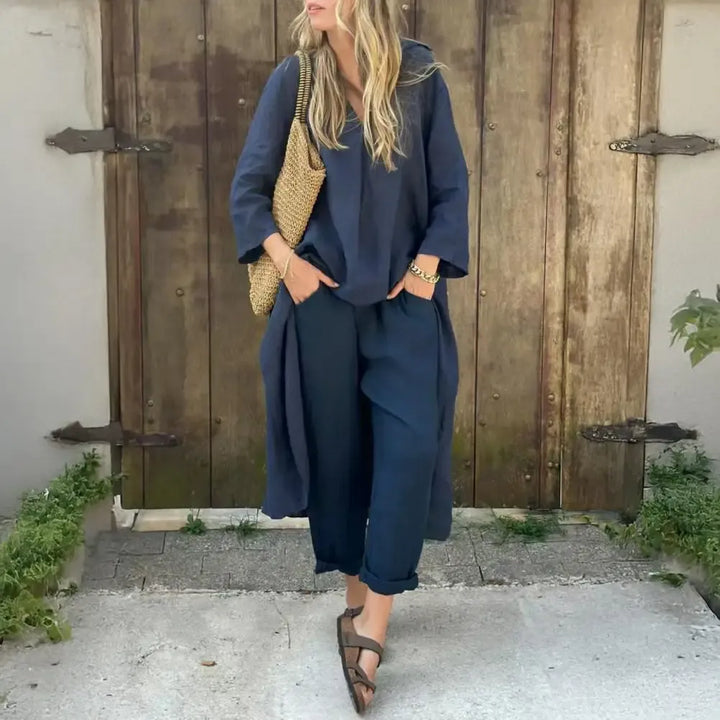 Chic long vest and wide-leg pants set for women in a stylish relaxed fit