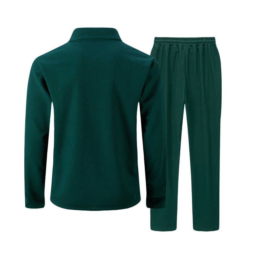 Flat lay of complete mens slim fit zip set for casual fashion look
