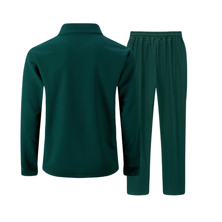 Flat lay of complete mens slim fit zip set for casual fashion look