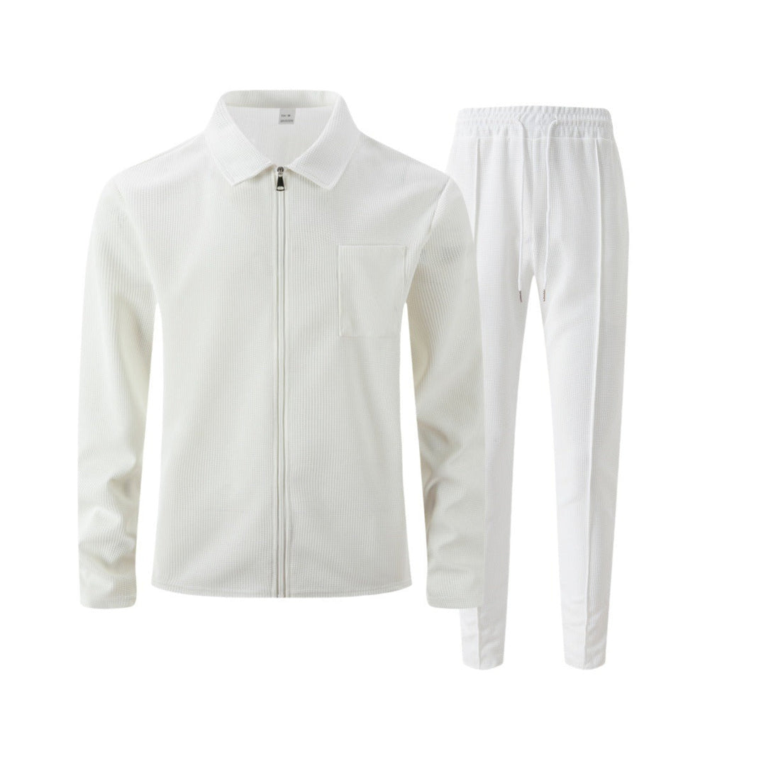 Back view of mens slim fit zip set showing tailored trousers