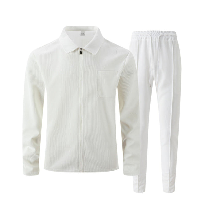 Back view of mens slim fit zip set showing tailored trousers