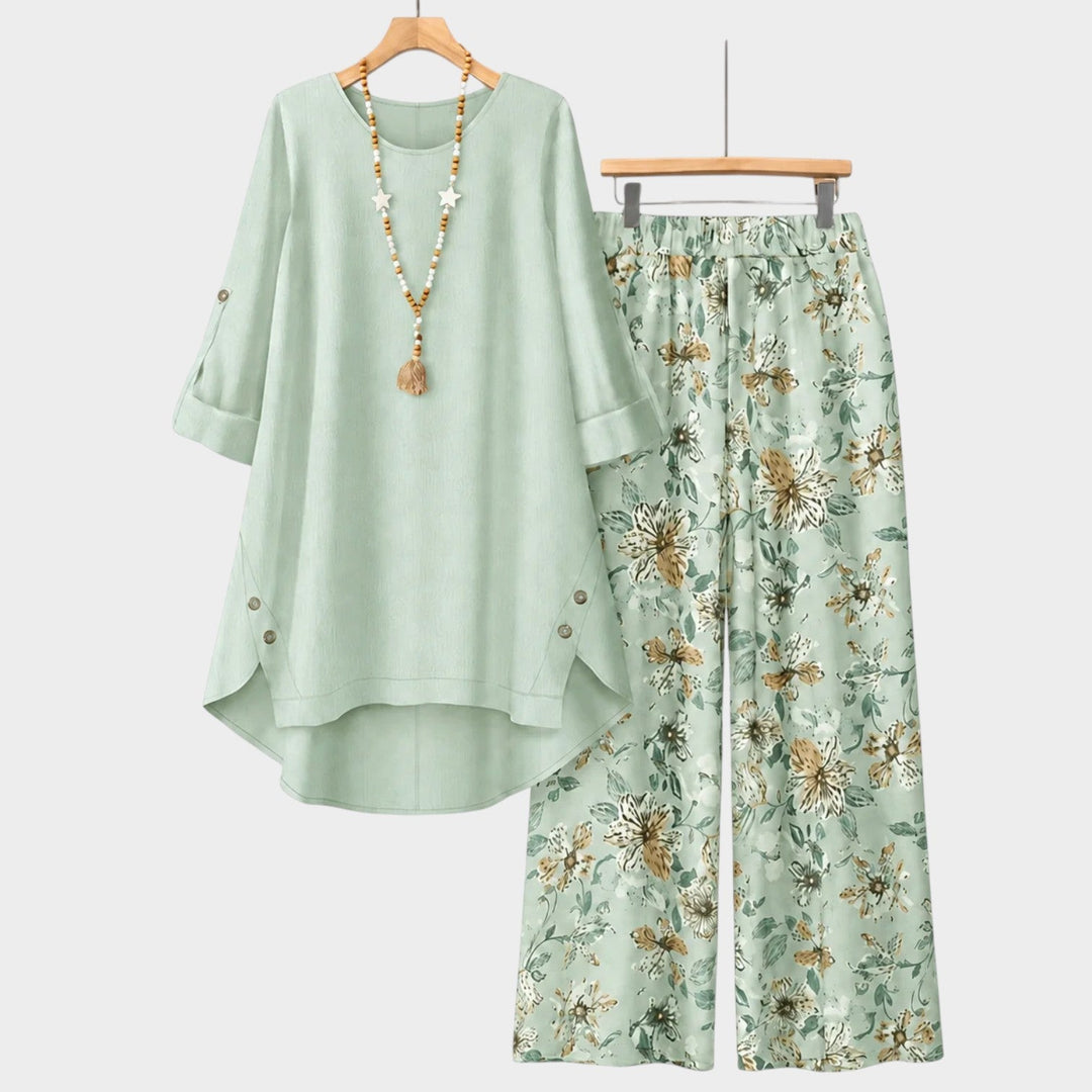 Detail of floral print button-tab top from womens matching set