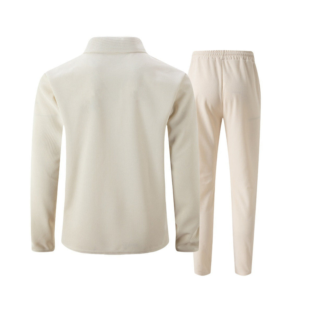 Back view of beige zip jacket and trousers set
