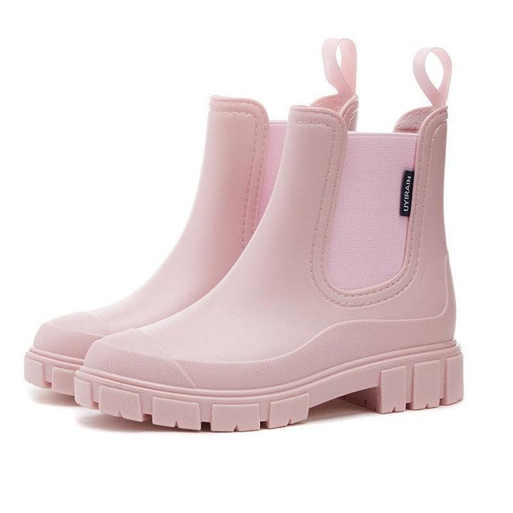 Glossy finish waterproof rain boots for women with pull-on tab