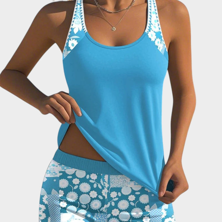 Womens sleeveless tankini swimsuit set top view showing pattern and cut