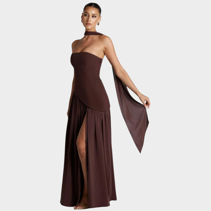 Back view of a strapless maxi dress with corset bodice detailing for women