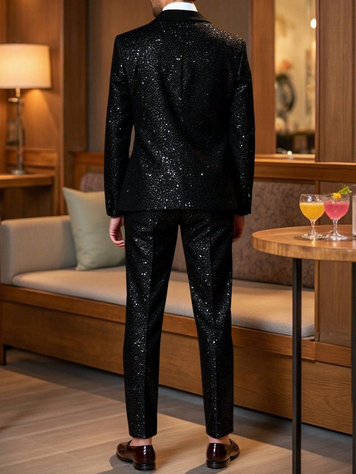 Back view of man wearing black glitter suit set