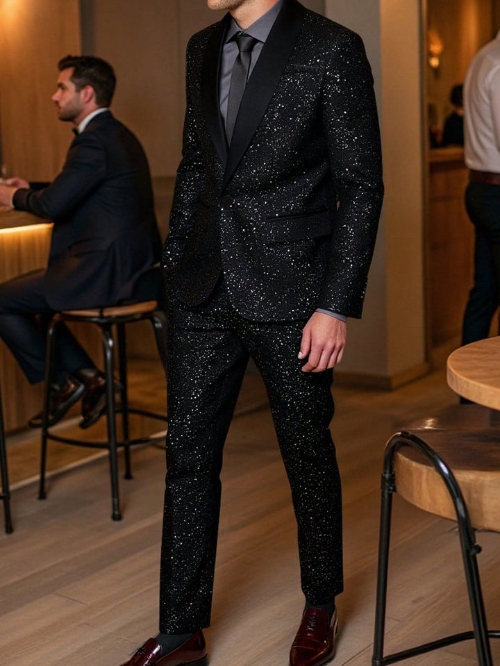 Back view of a stylish mens glitter suit jacket showcasing modern tailoring